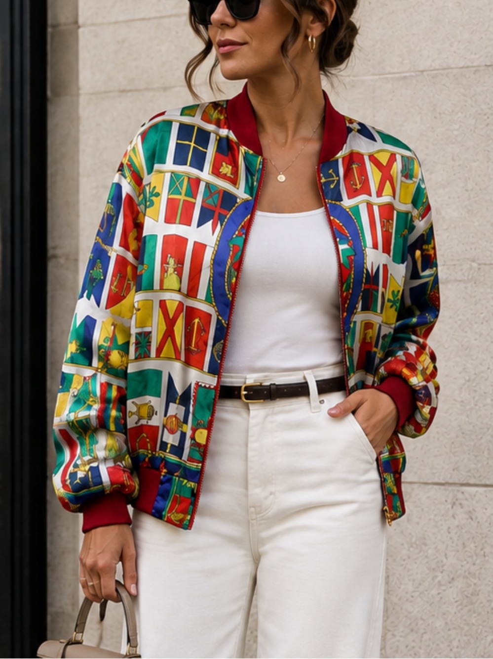 Pb Collections Vintage 80’s Nautical Printed Satin Bomber Jacket